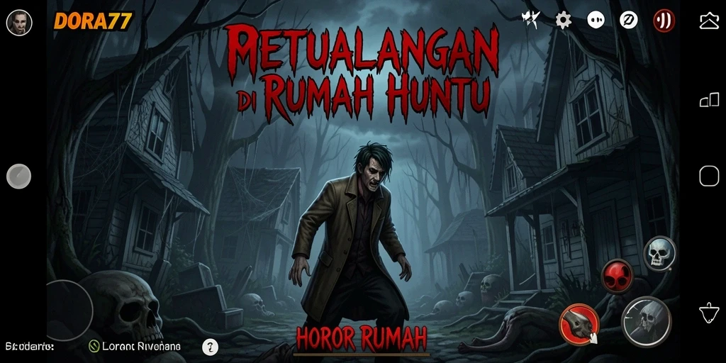Antarmuka DORA77 menampilkan elemen horor yang menyeramkan.