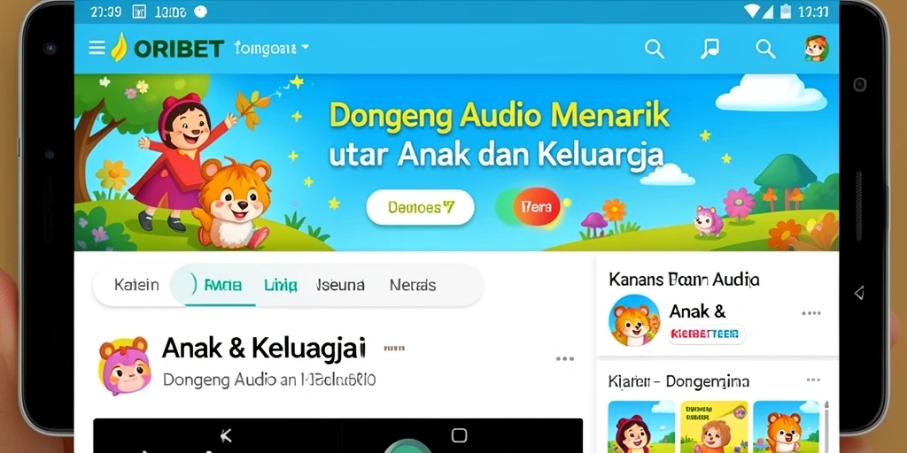 Antarmuka bersih dan mudah navigasi aplikasi Dongeng Audio